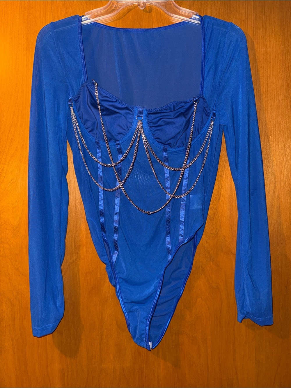 SHEIN royal blue long sleeve chained mesh bodysuit
